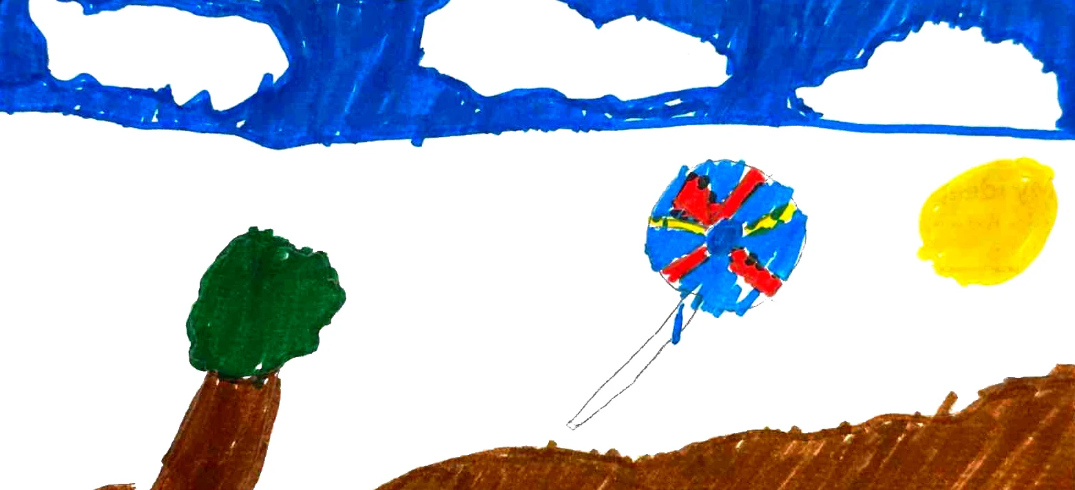 Hannah's drawing of the sky, a tree, hills and a lollipop